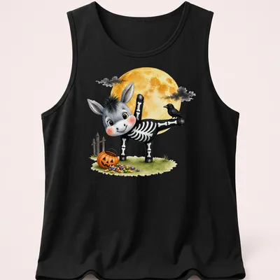 Cute cartoon of a donkey in half moon yoga pose for Halloween — printed on a tank top