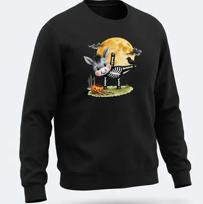Cute cartoon of a donkey in half moon yoga pose for Halloween — printed on a unisex sweatshirt