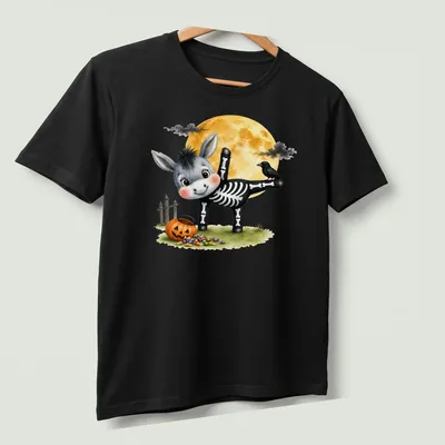 Cute cartoon of a donkey in half moon yoga pose for Halloween — printed on a unisex t-shirt (angled view)