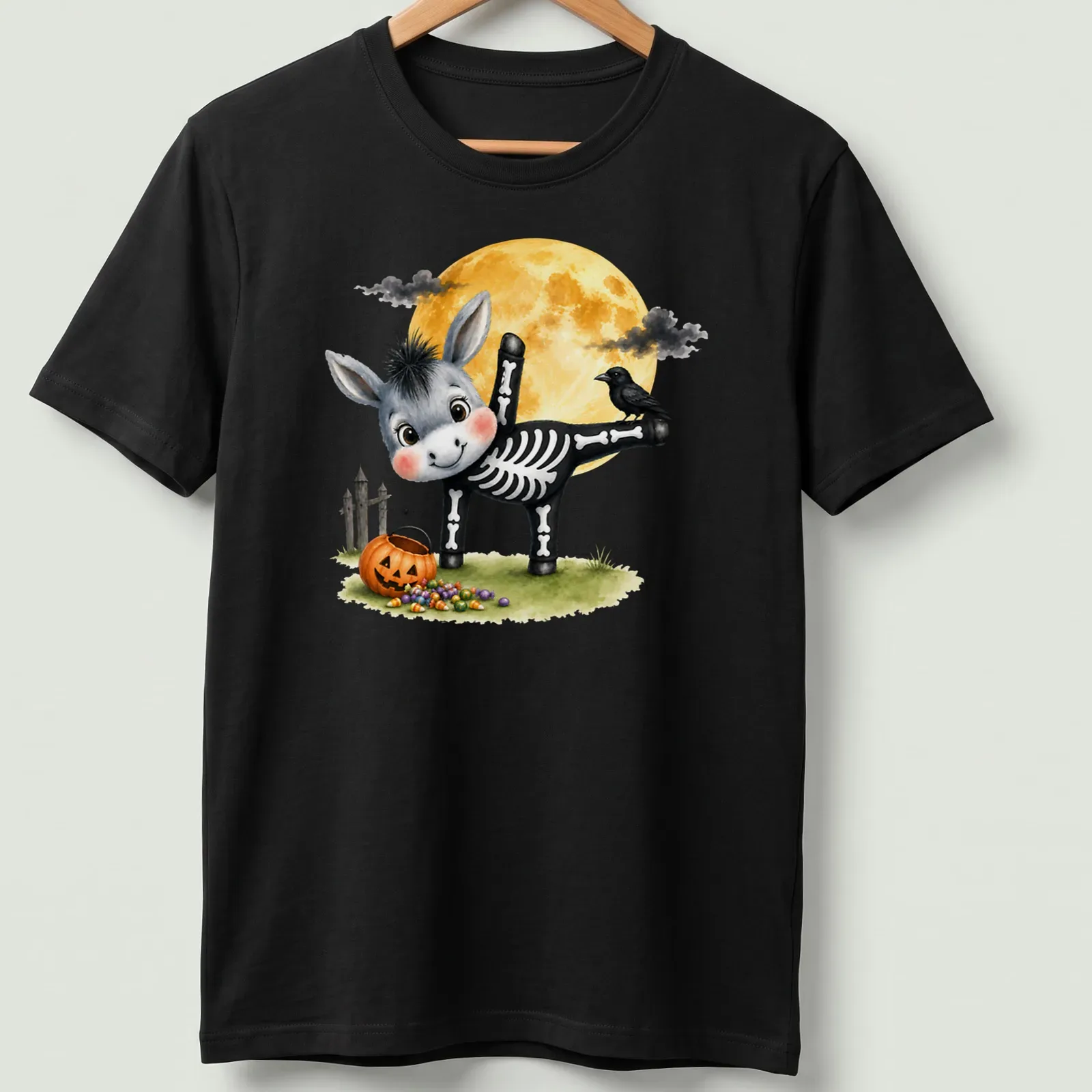 Cute cartoon of a donkey in half moon yoga pose for Halloween — printed on a unisex t-shirt