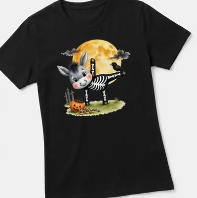 Cute cartoon of a donkey in half moon yoga pose for Halloween — printed on a women's shirt