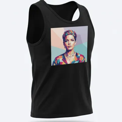 Colorful pop art design of Halsey featuring pink, blue, green, orange, and purple hues — printed on a tank top