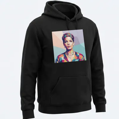 Colorful pop art design of Halsey featuring pink, blue, green, orange, and purple hues — printed on a unisex hoodie