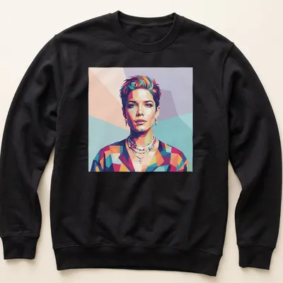 Colorful pop art design of Halsey featuring pink, blue, green, orange, and purple hues — printed on a unisex sweatshirt
