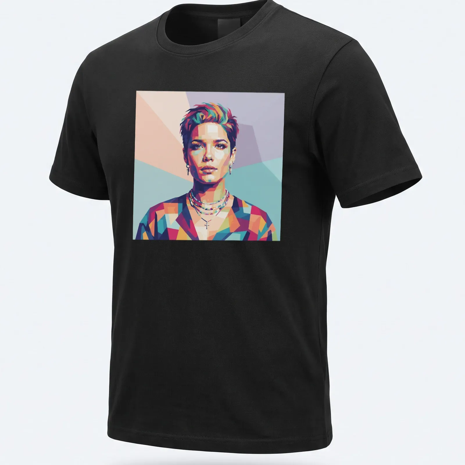 Colorful pop art design of Halsey featuring pink, blue, green, orange, and purple hues — printed on a unisex t-shirt