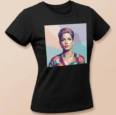Colorful pop art design of Halsey featuring pink, blue, green, orange, and purple hues — printed on a women's shirt
