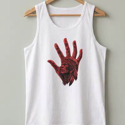 Illustration of an Indigenous Chief's handprint in red and black. — printed on a tank top