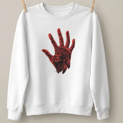 Illustration of an Indigenous Chief's handprint in red and black. — printed on a unisex sweatshirt