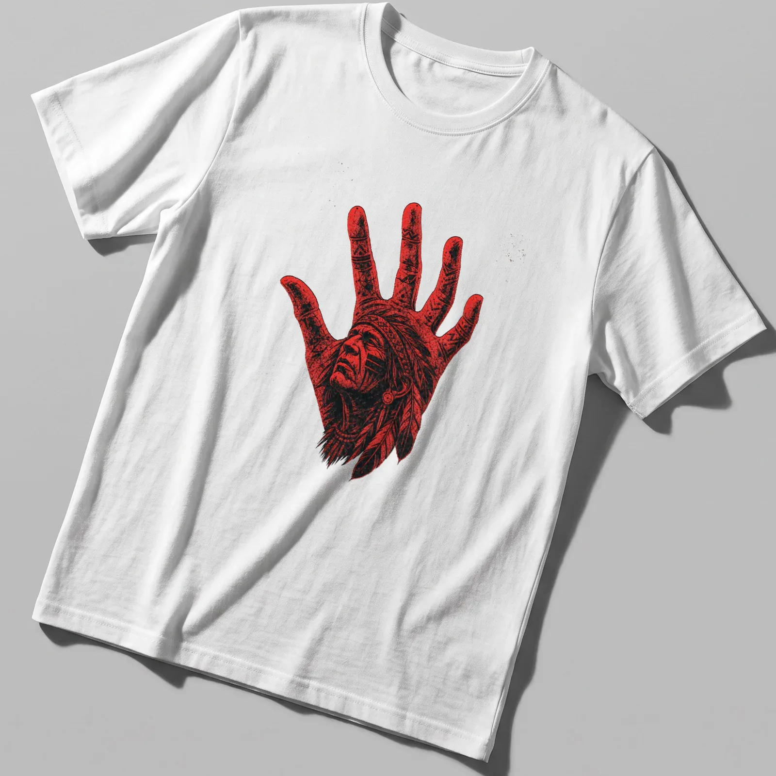 Illustration of an Indigenous Chief's handprint in red and black. — printed on a unisex t-shirt