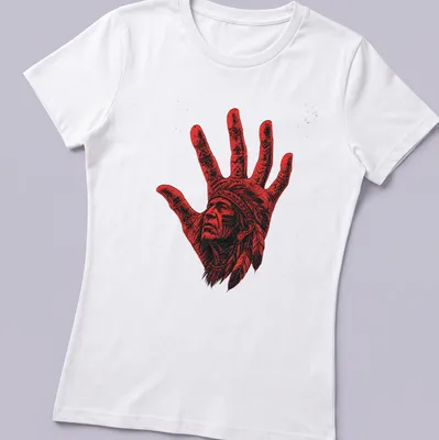 Illustration of an Indigenous Chief's handprint in red and black. — printed on a women's shirt