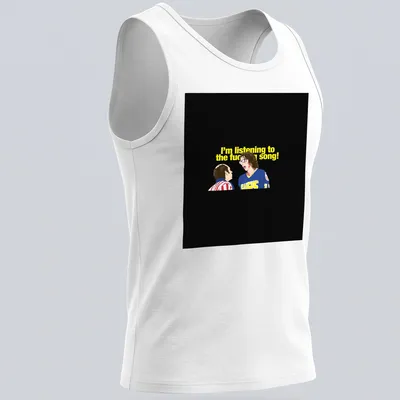 Cartoon illustration of Hanson Brothers with humorous text about music. — printed on a tank top