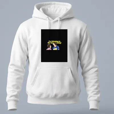 Cartoon illustration of Hanson Brothers with humorous text about music. — printed on a unisex hoodie