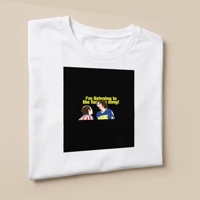 Cartoon illustration of Hanson Brothers with humorous text about music. — printed on a unisex t-shirt (angled view)
