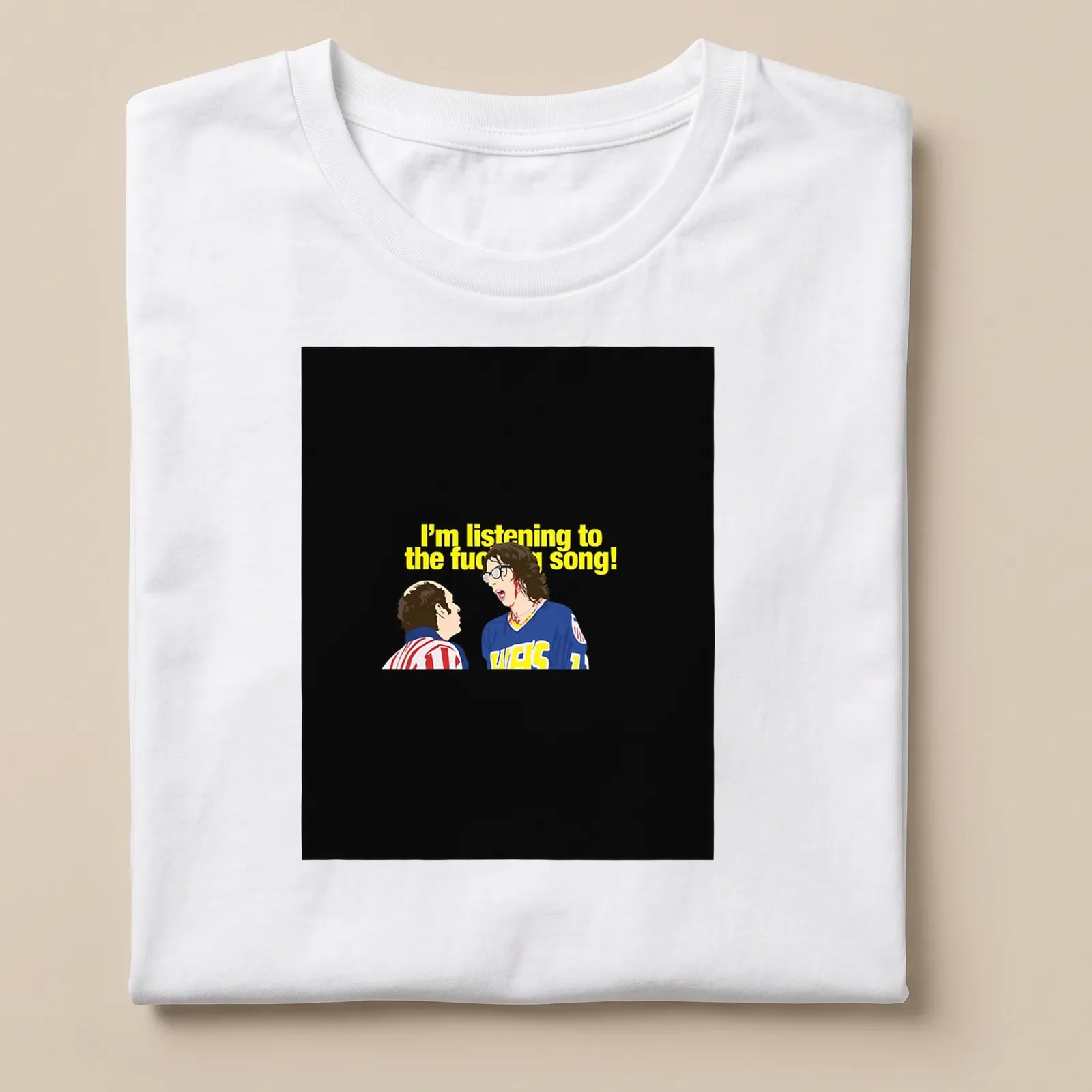 Cartoon illustration of Hanson Brothers with humorous text about music. — printed on a unisex t-shirt