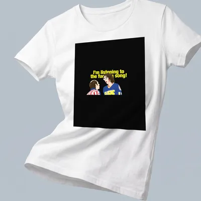Cartoon illustration of Hanson Brothers with humorous text about music. — printed on a women's shirt