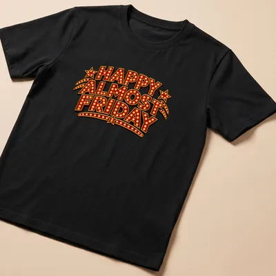 Bold retro tee with marquee lights and text reading Happy Almost Friday — printed on a unisex t-shirt