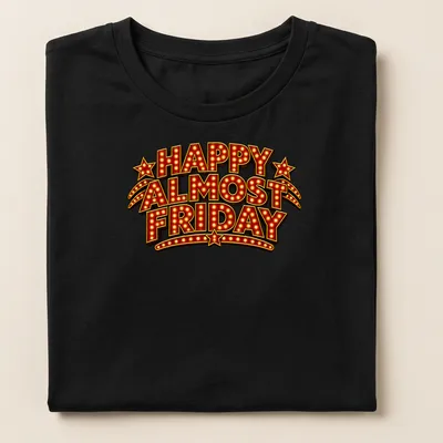 Bold retro tee with marquee lights and text reading Happy Almost Friday — printed on a women's shirt