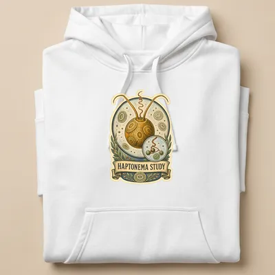 Vintage illustration of Haptophyte cells with text HAPTONEMA STUDY — printed on a unisex hoodie