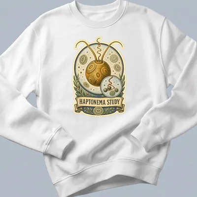 Vintage illustration of Haptophyte cells with text HAPTONEMA STUDY — printed on a unisex sweatshirt