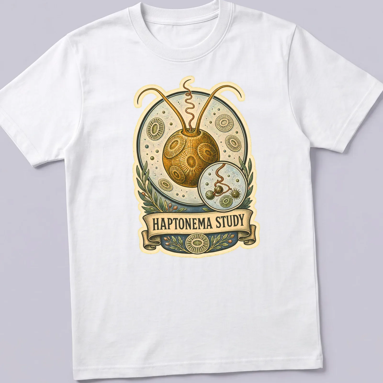 Vintage illustration of Haptophyte cells with text HAPTONEMA STUDY — printed on a unisex t-shirt