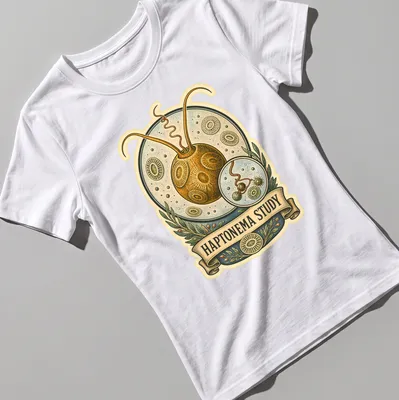 Vintage illustration of Haptophyte cells with text HAPTONEMA STUDY — printed on a women's shirt