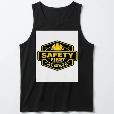 Vintage badge design featuring a hard hat and the phrase Safety First Always — printed on a tank top