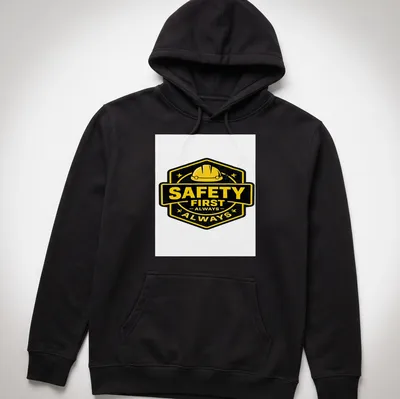 Vintage badge design featuring a hard hat and the phrase Safety First Always — printed on a unisex hoodie