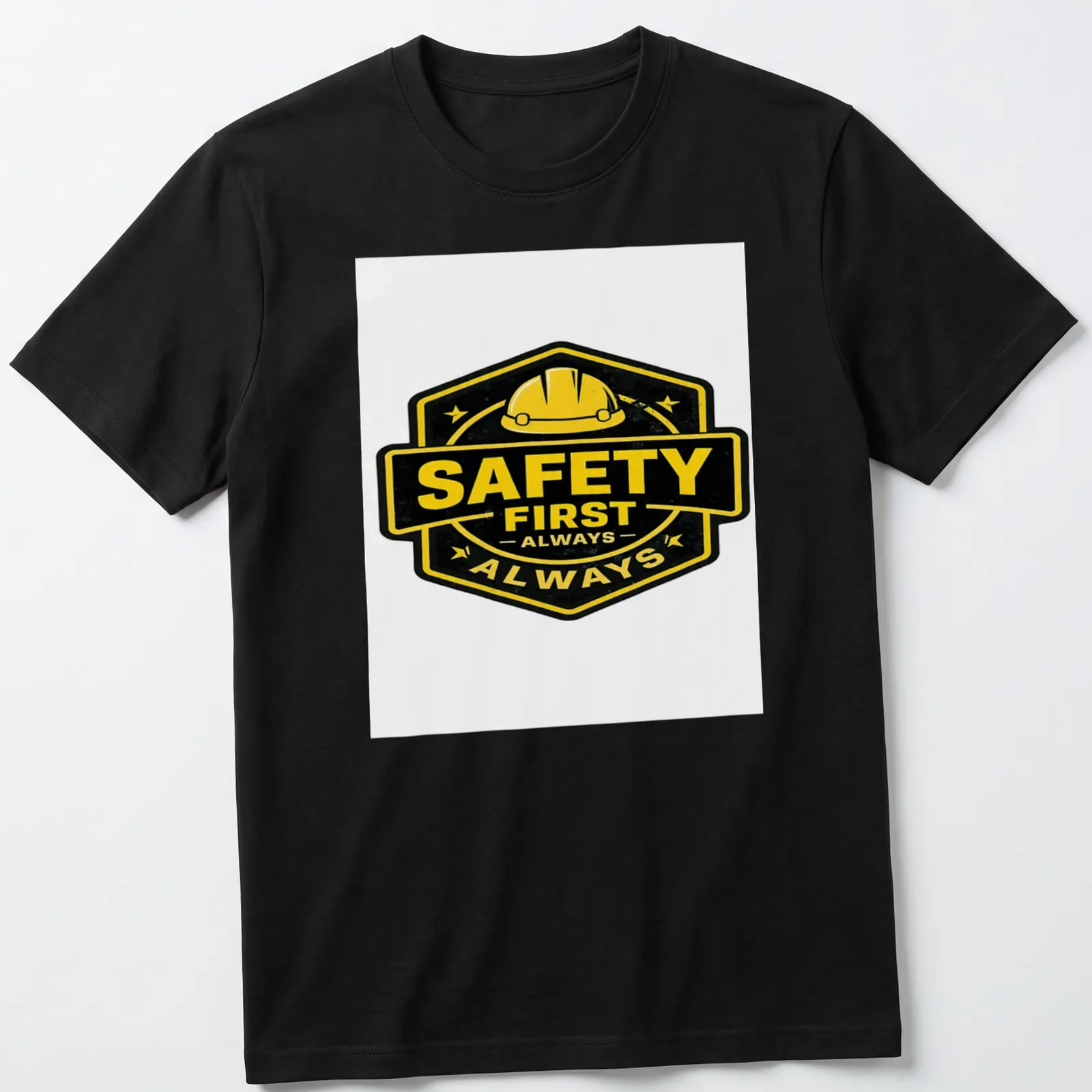 Vintage badge design featuring a hard hat and the phrase Safety First Always — printed on a unisex t-shirt