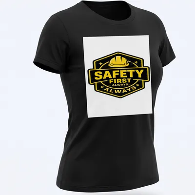 Vintage badge design featuring a hard hat and the phrase Safety First Always — printed on a women's shirt