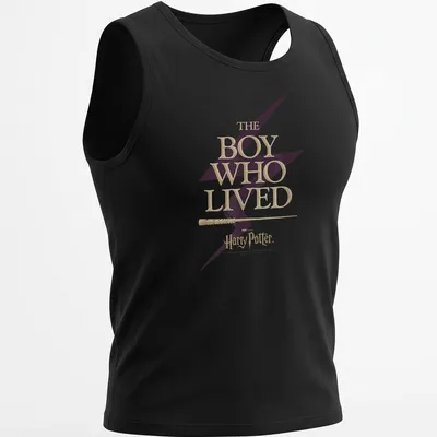 Bold lettering of 'The Boy Who Lived' with a lightning bolt motif in gold and purple — printed on a tank top