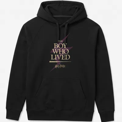 Bold lettering of 'The Boy Who Lived' with a lightning bolt motif in gold and purple — printed on a unisex hoodie