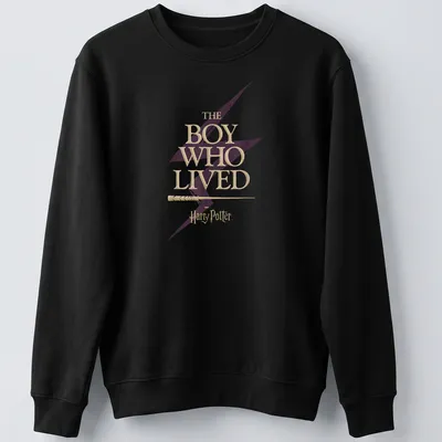 Bold lettering of 'The Boy Who Lived' with a lightning bolt motif in gold and purple — printed on a unisex sweatshirt
