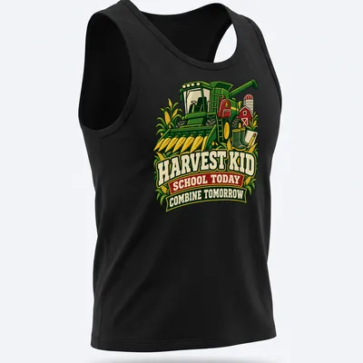 Vintage graphic tee with a green combine harvester and retro text — printed on a tank top