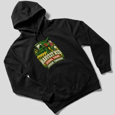 Vintage graphic tee with a green combine harvester and retro text — printed on a unisex hoodie