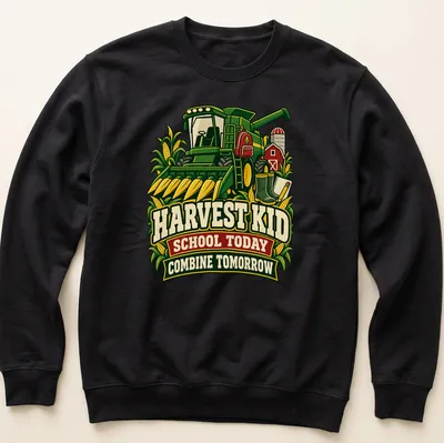 Vintage graphic tee with a green combine harvester and retro text — printed on a unisex sweatshirt