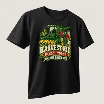 Vintage graphic tee with a green combine harvester and retro text — printed on a unisex t-shirt (angled view)