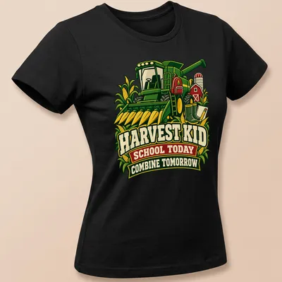 Vintage graphic tee with a green combine harvester and retro text — printed on a women's shirt