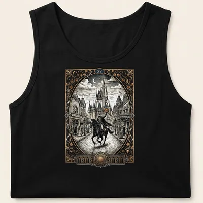 Vintage illustration of a headless knight on a horse with the text 'XV' above. — printed on a tank top