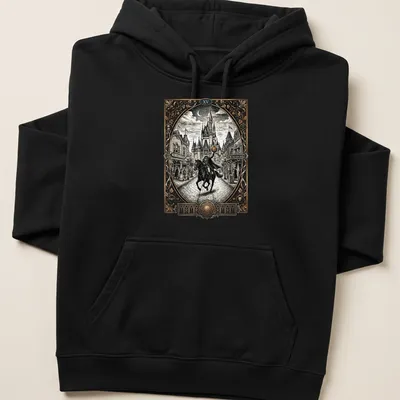 Vintage illustration of a headless knight on a horse with the text 'XV' above. — printed on a unisex hoodie