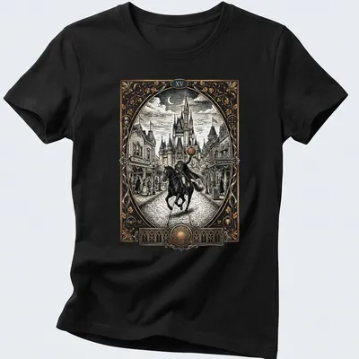 Vintage illustration of a headless knight on a horse with the text 'XV' above. — printed on a women's shirt