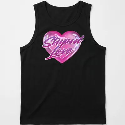 Glossy heart graphic with the text 'Stupid Love' in playful lettering — printed on a tank top