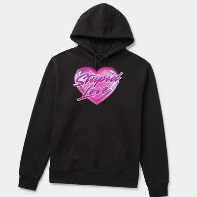 Glossy heart graphic with the text 'Stupid Love' in playful lettering — printed on a unisex hoodie