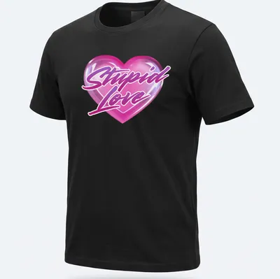 Glossy heart graphic with the text 'Stupid Love' in playful lettering