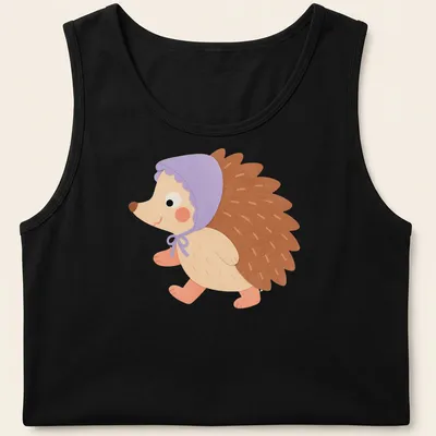 Kawaii illustration of a hedgehog wearing a lavender bonnet in pastel shades. — printed on a tank top