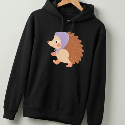 Kawaii illustration of a hedgehog wearing a lavender bonnet in pastel shades. — printed on a unisex hoodie