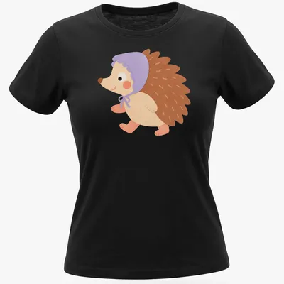 Kawaii illustration of a hedgehog wearing a lavender bonnet in pastel shades. — printed on a women's shirt
