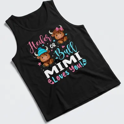 Kawaii design of a Highland cow with text saying 'Heifer Bull Loves You!' in playful colors — printed on a tank top