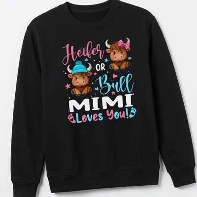 Kawaii design of a Highland cow with text saying 'Heifer Bull Loves You!' in playful colors — printed on a unisex sweatshirt