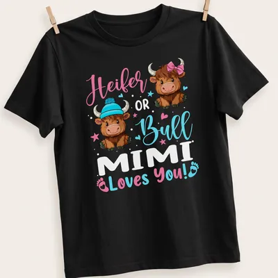 Kawaii design of a Highland cow with text saying 'Heifer Bull Loves You!' in playful colors