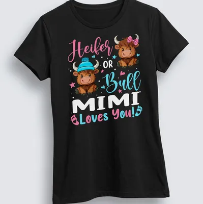 Kawaii design of a Highland cow with text saying 'Heifer Bull Loves You!' in playful colors — printed on a women's shirt